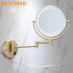 image-Brushed Gold LED Bathroom Mirrors Quality Brass Folding Magnifying Hotel Bathroom Makeup Mirror LED Light Bathroom Mirrors