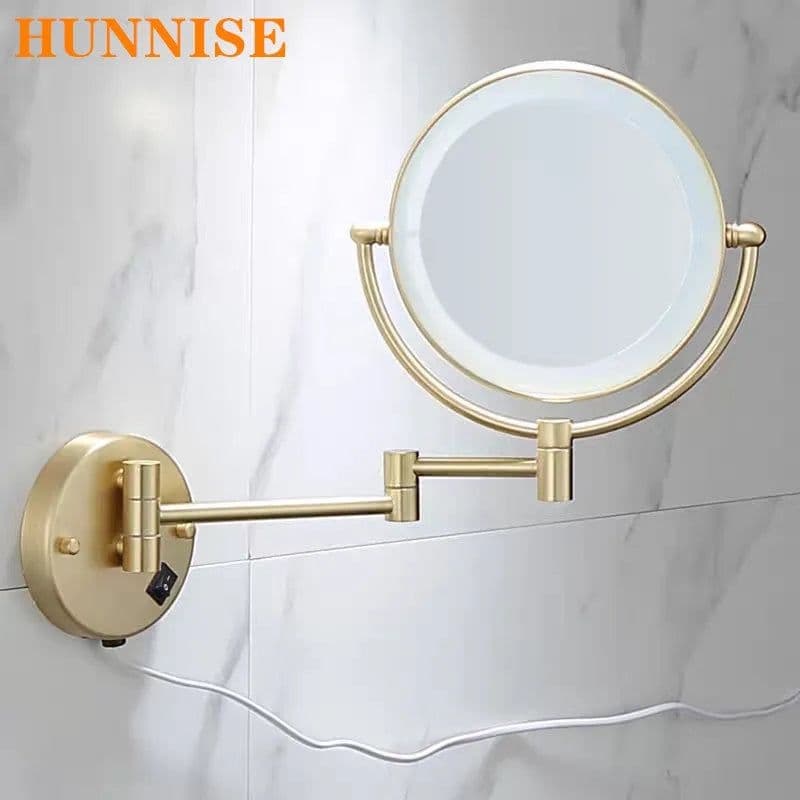 image-Brushed Gold LED Bathroom Mirrors Quality Brass Folding Magnifying Hotel Bathroom Makeup Mirror LED Light Bathroom Mirrors