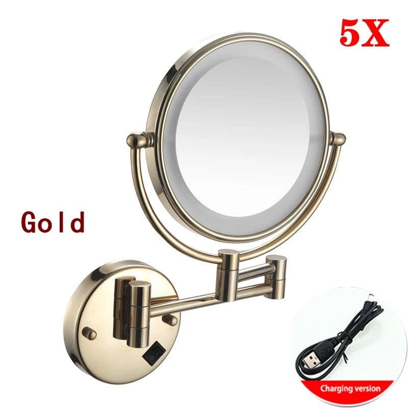 image-Brushed Gold LED Bathroom Mirrors Quality Brass Folding Magnifying Hotel Bathroom Makeup Mirror LED Light Bathroom Mirrors