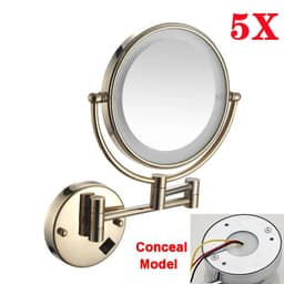 image-Brushed Gold LED Bathroom Mirrors Quality Brass Folding Magnifying Hotel Bathroom Makeup Mirror LED Light Bathroom Mirrors