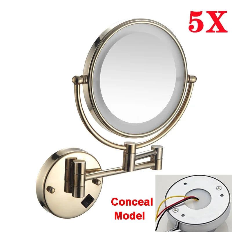 image-Brushed Gold LED Bathroom Mirrors Quality Brass Folding Magnifying Hotel Bathroom Makeup Mirror LED Light Bathroom Mirrors