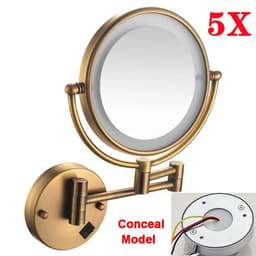 image-Brushed Gold LED Bathroom Mirrors Quality Brass Folding Magnifying Hotel Bathroom Makeup Mirror LED Light Bathroom Mirrors