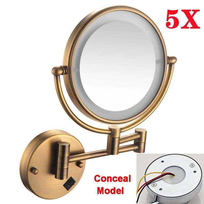 image-Brushed Gold LED Bathroom Mirrors Quality Brass Folding Magnifying Hotel Bathroom Makeup Mirror LED Light Bathroom Mirrors