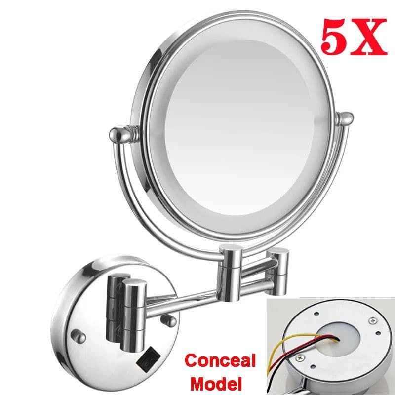 image-Brushed Gold LED Bathroom Mirrors Quality Brass Folding Magnifying Hotel Bathroom Makeup Mirror LED Light Bathroom Mirrors