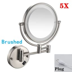 image-Brushed Gold LED Bathroom Mirrors Quality Brass Folding Magnifying Hotel Bathroom Makeup Mirror LED Light Bathroom Mirrors
