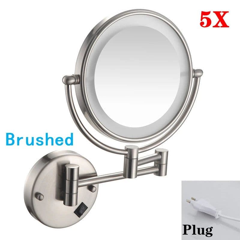 image-Brushed Gold LED Bathroom Mirrors Quality Brass Folding Magnifying Hotel Bathroom Makeup Mirror LED Light Bathroom Mirrors
