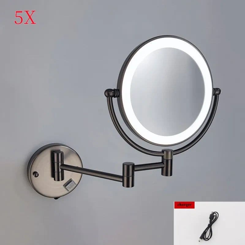 image-Brushed Gold LED Bathroom Mirrors Quality Brass Folding Magnifying Hotel Bathroom Makeup Mirror LED Light Bathroom Mirrors