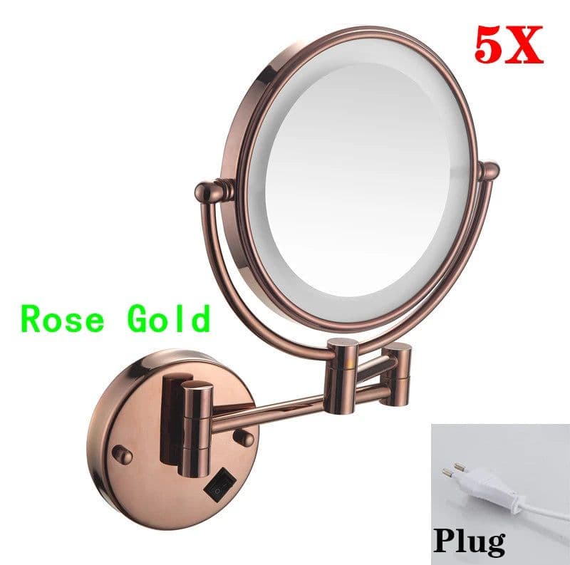 image-Brushed Gold LED Bathroom Mirrors Quality Brass Folding Magnifying Hotel Bathroom Makeup Mirror LED Light Bathroom Mirrors