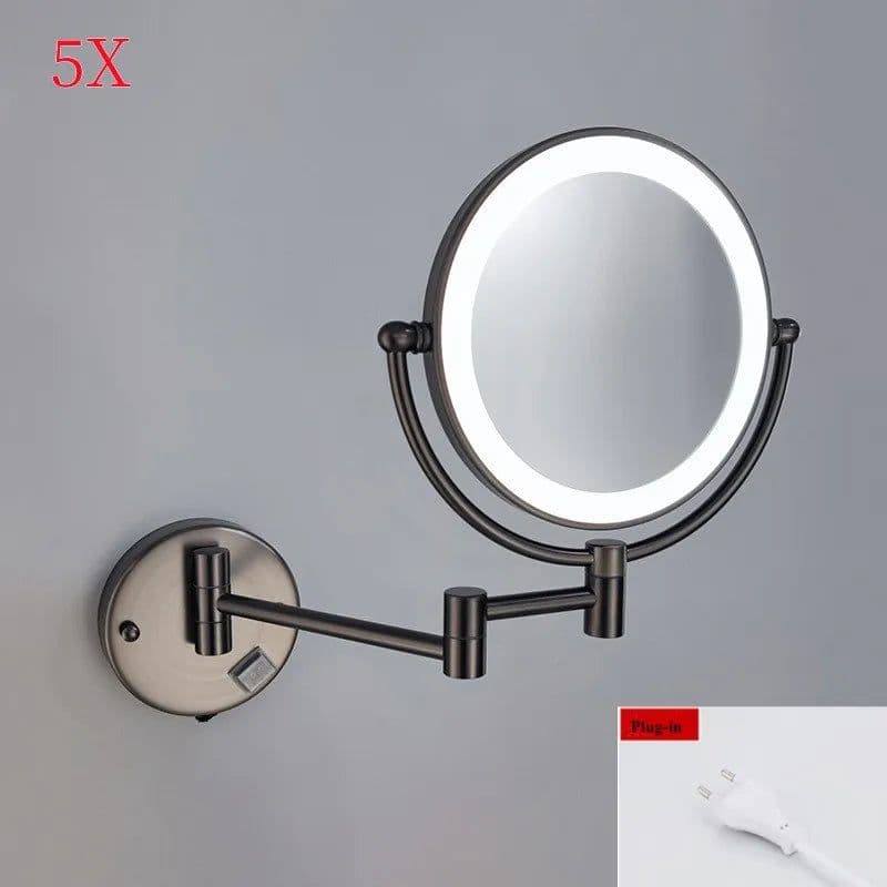 image-Brushed Gold LED Bathroom Mirrors Quality Brass Folding Magnifying Hotel Bathroom Makeup Mirror LED Light Bathroom Mirrors