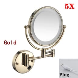 image-Brushed Gold LED Bathroom Mirrors Quality Brass Folding Magnifying Hotel Bathroom Makeup Mirror LED Light Bathroom Mirrors