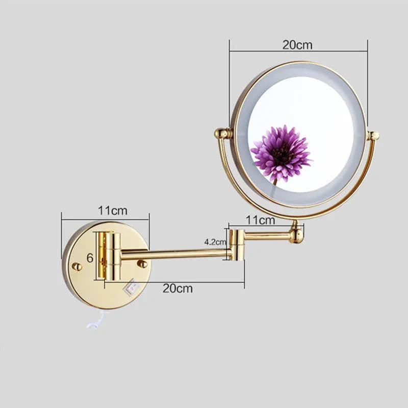 image-Brushed Gold LED Bathroom Mirrors Quality Brass Folding Magnifying Hotel Bathroom Makeup Mirror LED Light Bathroom Mirrors