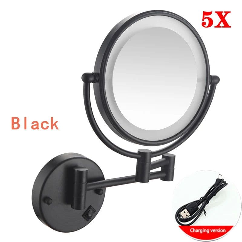 image-Brushed Gold LED Bathroom Mirrors Quality Brass Folding Magnifying Hotel Bathroom Makeup Mirror LED Light Bathroom Mirrors