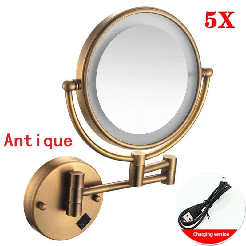 image-Brushed Gold LED Bathroom Mirrors Quality Brass Folding Magnifying Hotel Bathroom Makeup Mirror LED Light Bathroom Mirrors