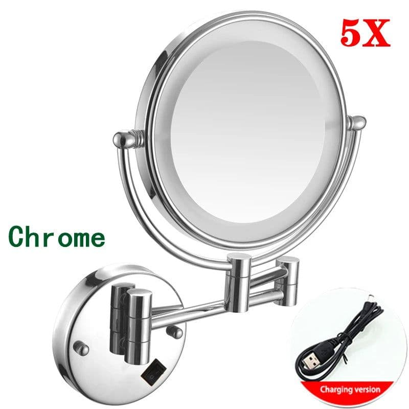 image-Brushed Gold LED Bathroom Mirrors Quality Brass Folding Magnifying Hotel Bathroom Makeup Mirror LED Light Bathroom Mirrors