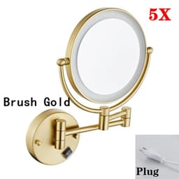 image-Brushed Gold LED Bathroom Mirrors Quality Brass Folding Magnifying Hotel Bathroom Makeup Mirror LED Light Bathroom Mirrors