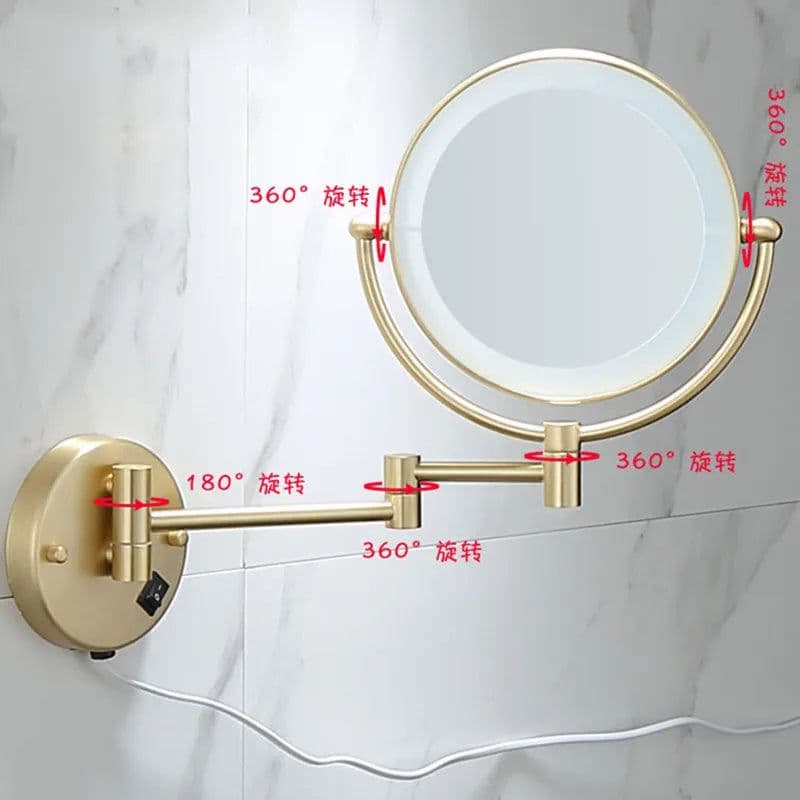 image-Brushed Gold LED Bathroom Mirrors Quality Brass Folding Magnifying Hotel Bathroom Makeup Mirror LED Light Bathroom Mirrors