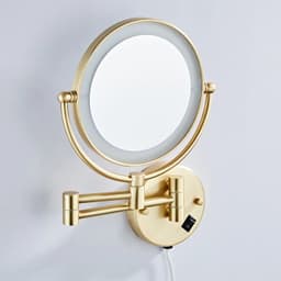 image-Brushed Gold LED Bathroom Mirrors Quality Brass Folding Magnifying Hotel Bathroom Makeup Mirror LED Light Bathroom Mirrors