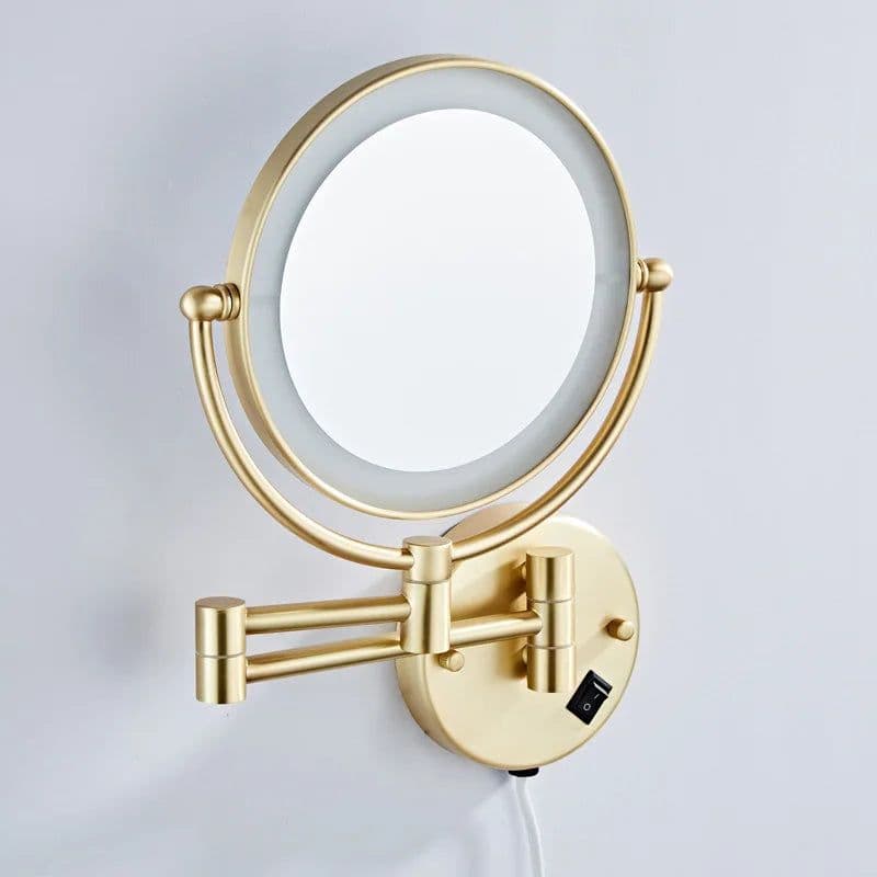image-Brushed Gold LED Bathroom Mirrors Quality Brass Folding Magnifying Hotel Bathroom Makeup Mirror LED Light Bathroom Mirrors