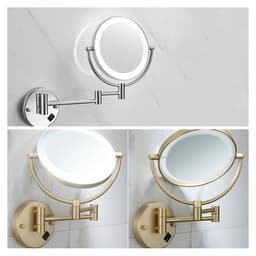 image-Brushed Gold LED Bathroom Mirrors Quality Brass Folding Magnifying Hotel Bathroom Makeup Mirror LED Light Bathroom Mirrors