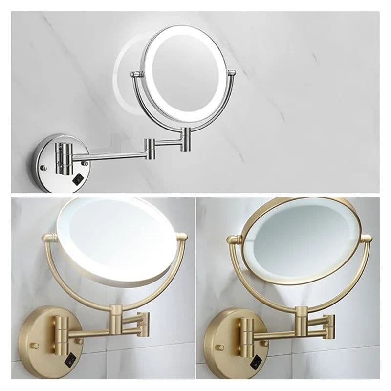 image-Brushed Gold LED Bathroom Mirrors Quality Brass Folding Magnifying Hotel Bathroom Makeup Mirror LED Light Bathroom Mirrors