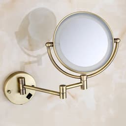image-Brushed Gold LED Bathroom Mirrors Quality Brass Folding Magnifying Hotel Bathroom Makeup Mirror LED Light Bathroom Mirrors