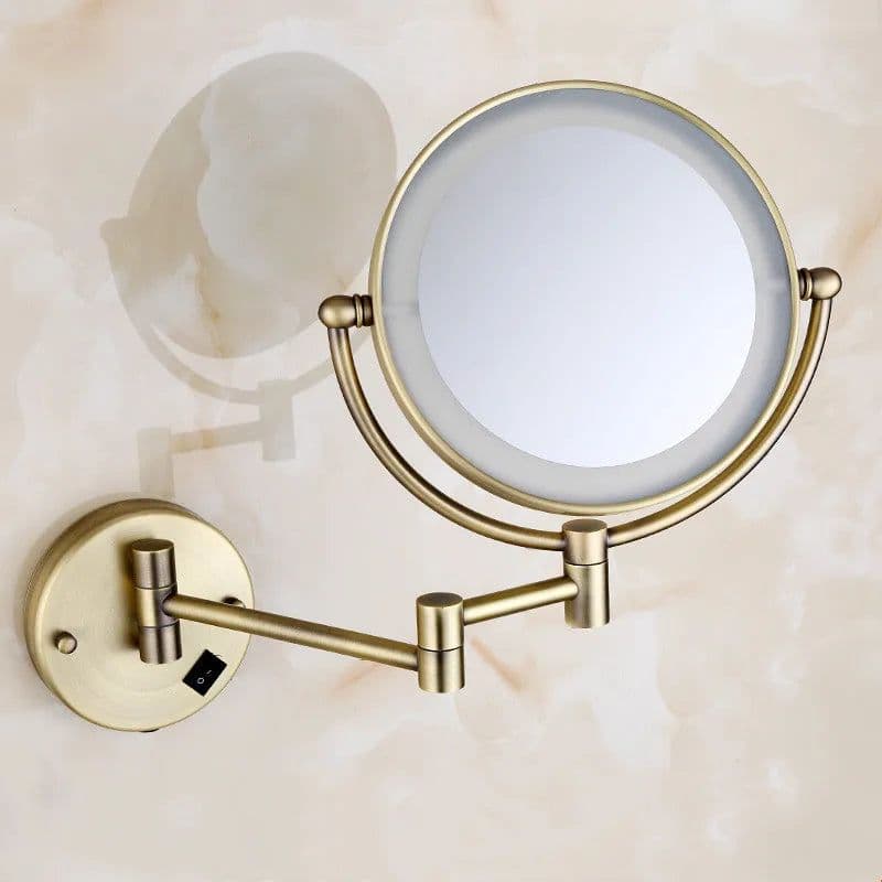 image-Brushed Gold LED Bathroom Mirrors Quality Brass Folding Magnifying Hotel Bathroom Makeup Mirror LED Light Bathroom Mirrors