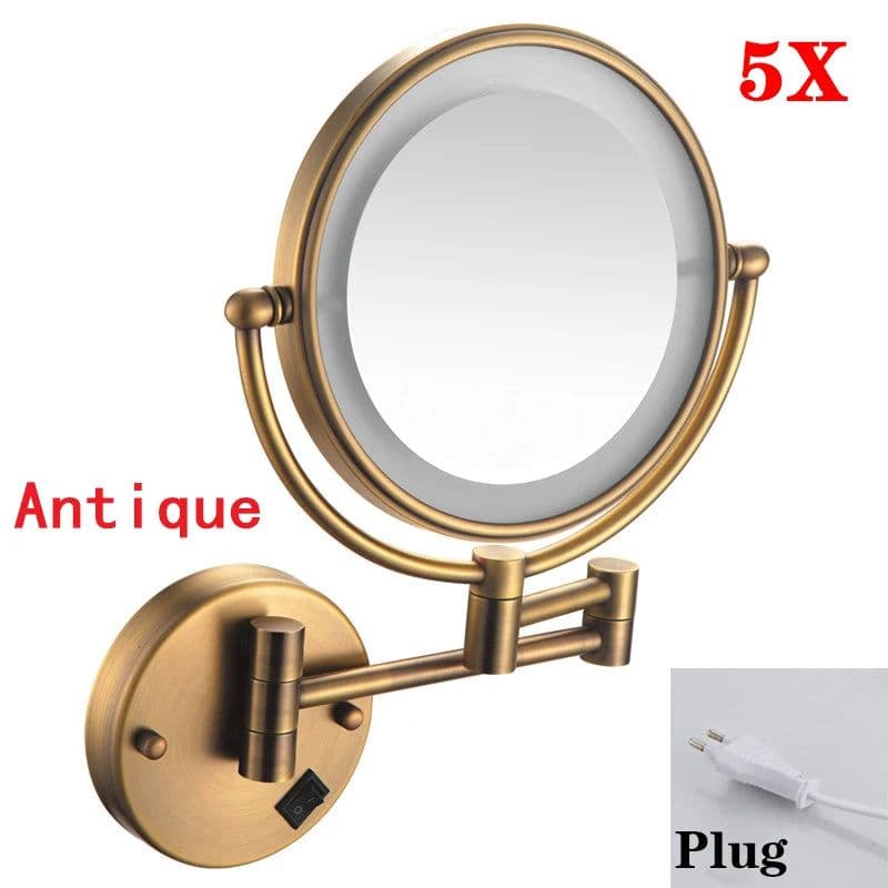 image-Brushed Gold LED Bathroom Mirrors Quality Brass Folding Magnifying Hotel Bathroom Makeup Mirror LED Light Bathroom Mirrors