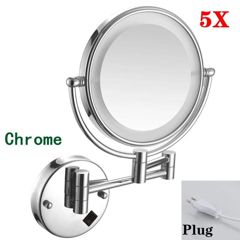 image-Brushed Gold LED Bathroom Mirrors Quality Brass Folding Magnifying Hotel Bathroom Makeup Mirror LED Light Bathroom Mirrors
