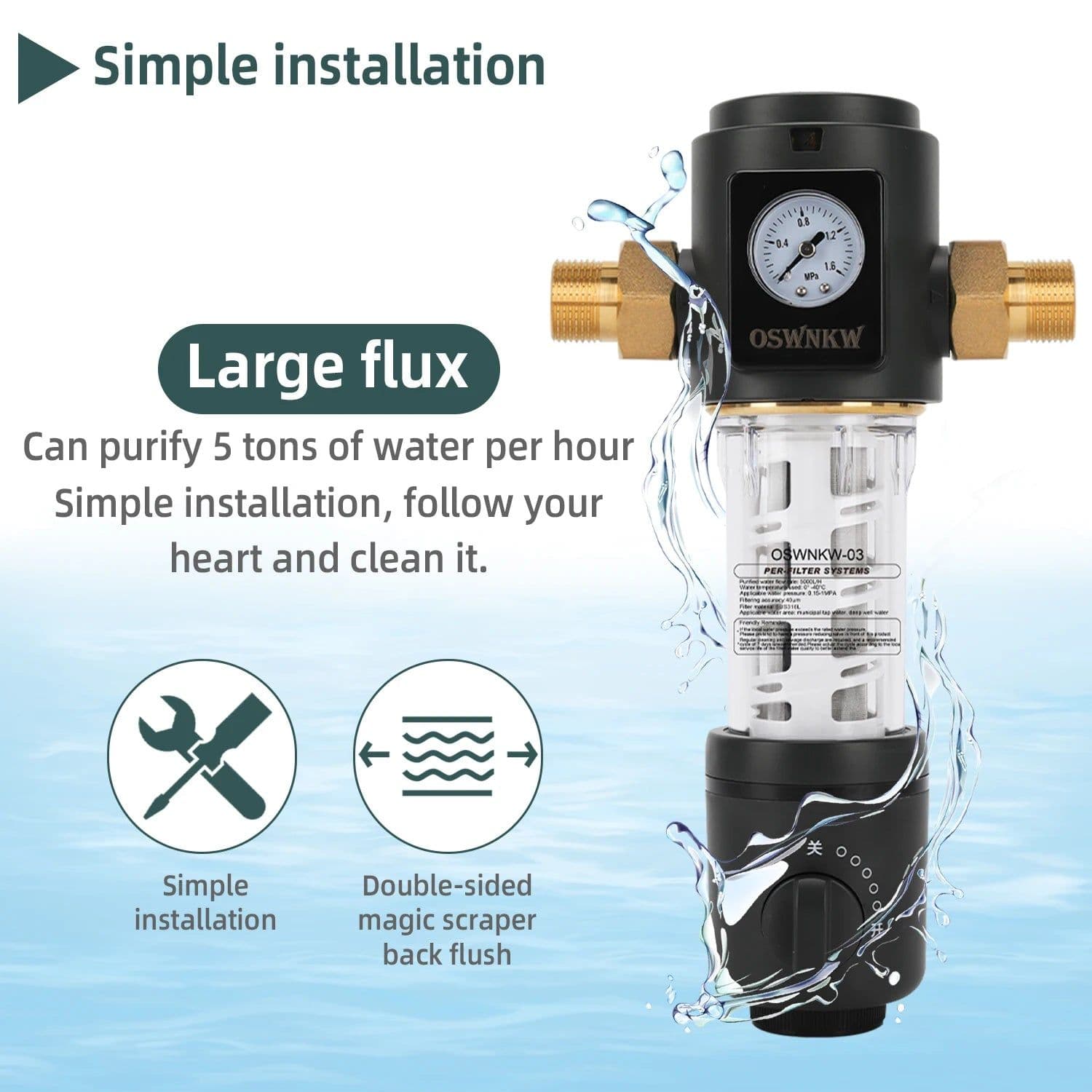 image-OSWNKW-03 Pre Filter Purifier Whole House Spin Down Sediment Water Filter Central Prefilter System Backwash Stainless Steel Mesh