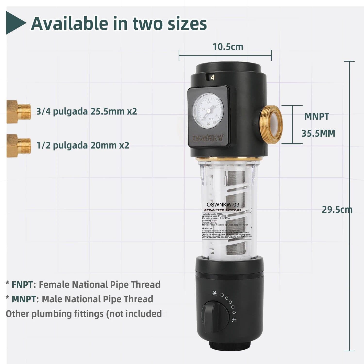 image-OSWNKW-03 Pre Filter Purifier Whole House Spin Down Sediment Water Filter Central Prefilter System Backwash Stainless Steel Mesh