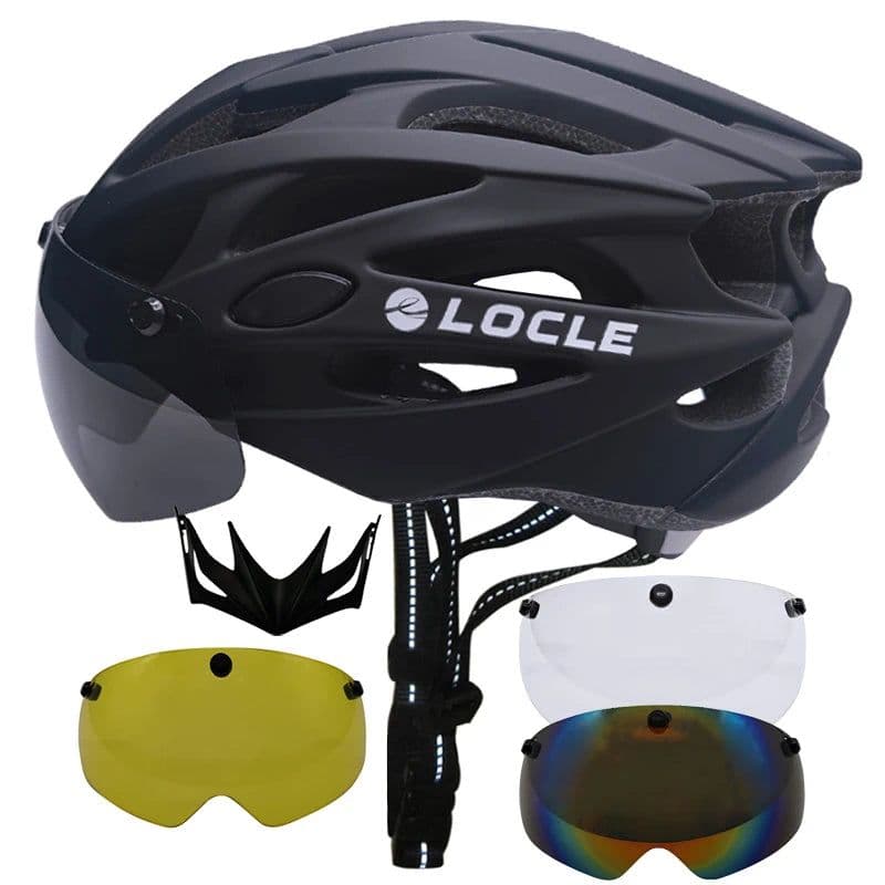 image-LOCLE Magnetic Goggles Cycling Helmet Men Women Bicycle Helmet Lenses MTB Bike Helmet Road Mountain Helmet Removable Sunvisor