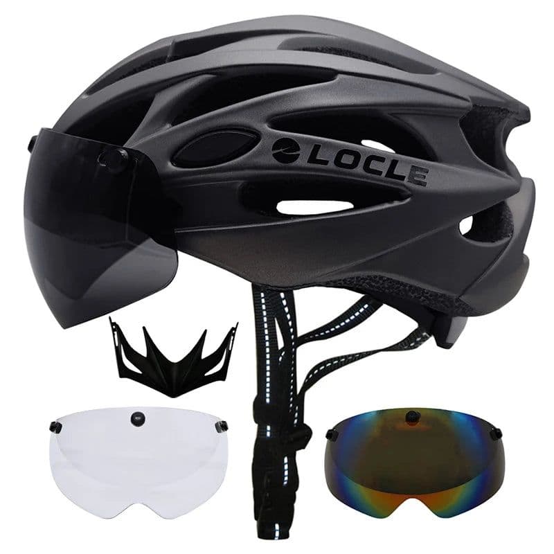 image-LOCLE Magnetic Goggles Cycling Helmet Men Women Bicycle Helmet Lenses MTB Bike Helmet Road Mountain Helmet Removable Sunvisor