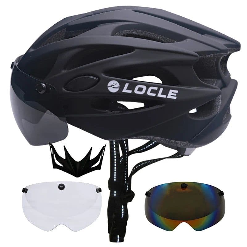 image-LOCLE Magnetic Goggles Cycling Helmet Men Women Bicycle Helmet Lenses MTB Bike Helmet Road Mountain Helmet Removable Sunvisor