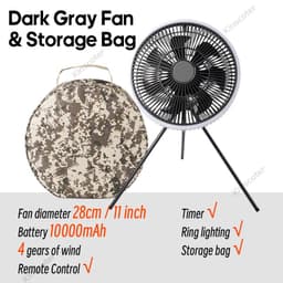 image-KINSCOTER 10000mAh Outdoor Camping Fan, 11inch Large Ceiling Fan with LED Lighting, Multifunction Air Circulator Cooler Fan