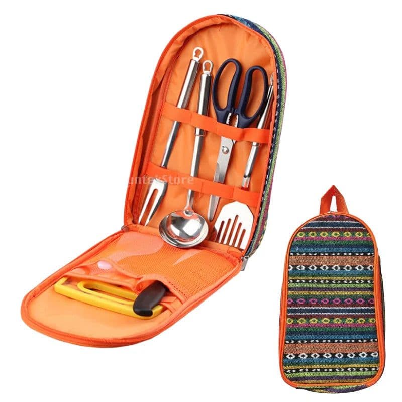 image-7pcs Camping Kitchen Utensil Set with Carrying Bag BBQ Beach Hiking Travel Organizer Storage Pack Cook Gadgets Equipment Gear