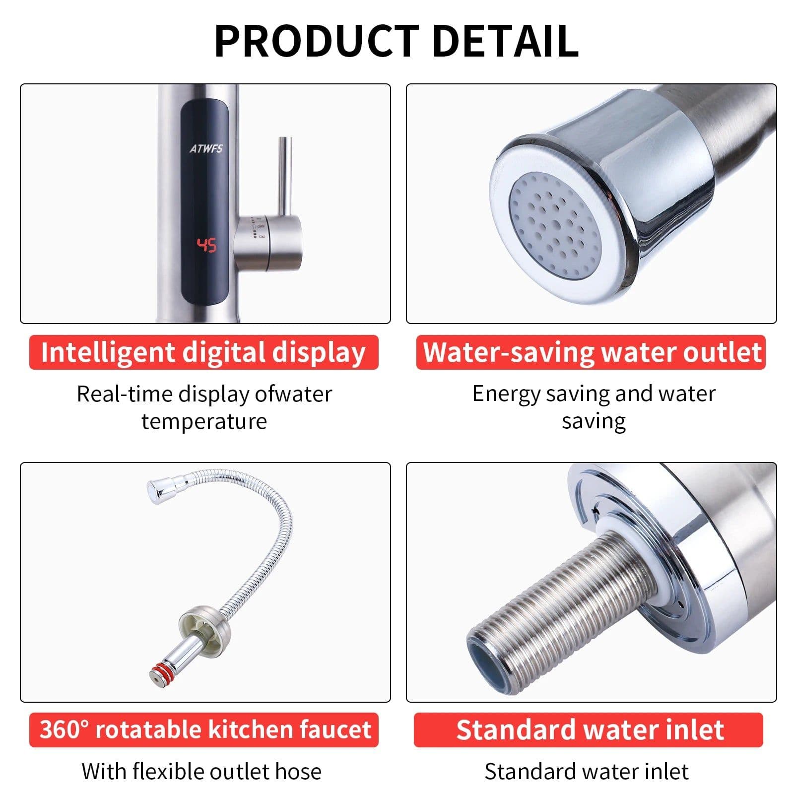 image-ATWFS Instant Water Heater Faucet Tankless Heaters Kitchen Hot Water Tap Bathroom Heating Electric 220v Stainless Steel Shell