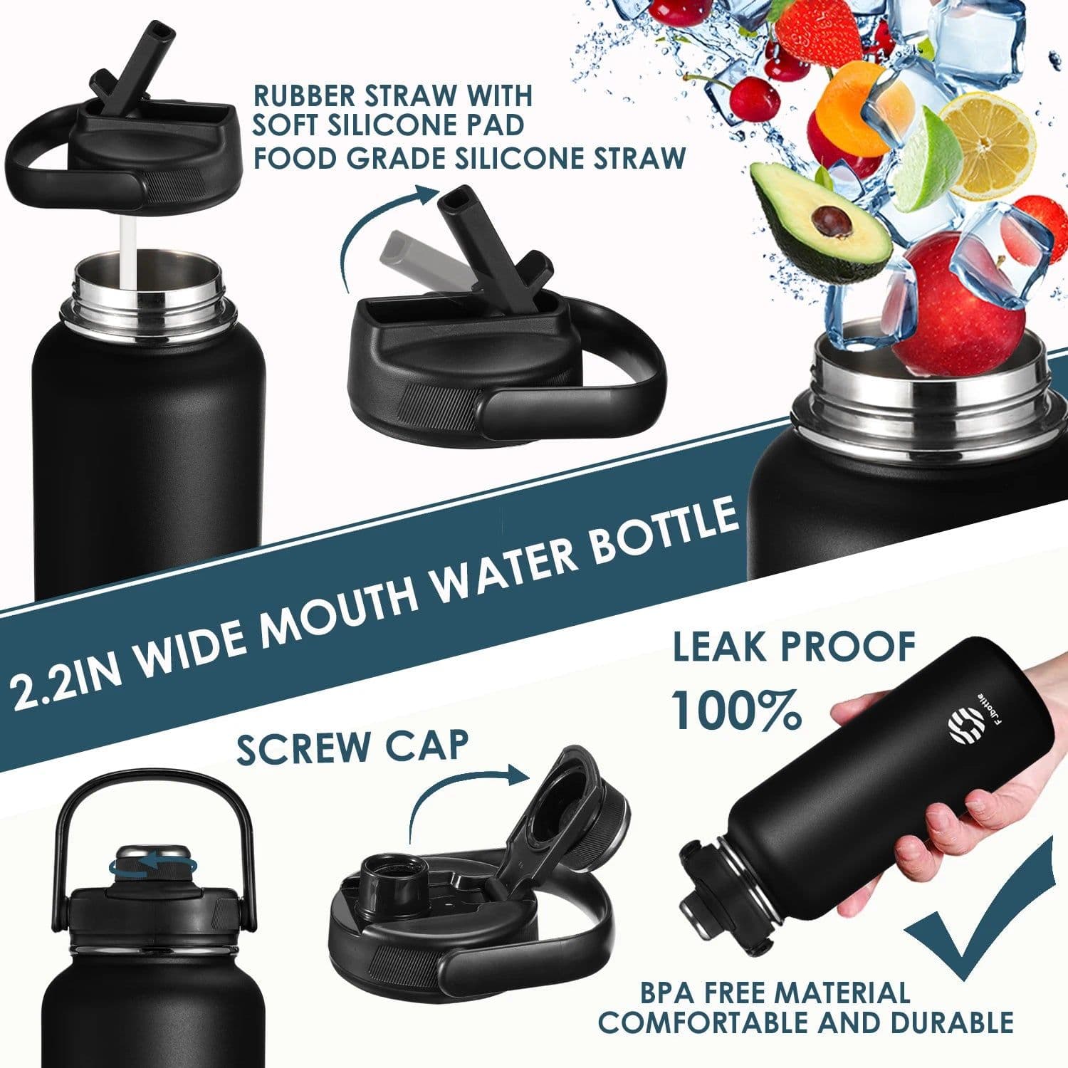 image-FEIJIAN Thermos Bottle with Straw Sport Stainless Steel Vacuum Flask Insulated Water Bottle with Handle Lid 950/1200ml