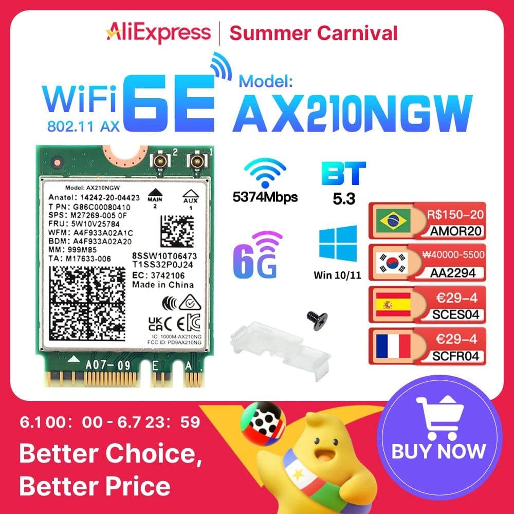 image-Tri Band WI-FI 6E AX210 M.2 NGFF 5374Mbps Wireless Network WiFi Card Intel AX210NGW 2.4G/5G/6Ghz 802.11ax Bluetooth5.3 Win 10/11