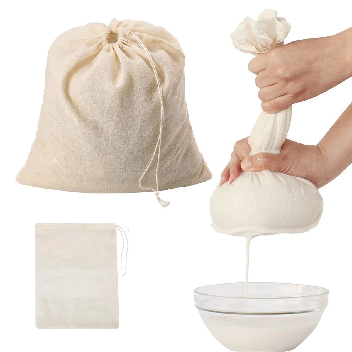 image-3Pcs Nut Milk Bags Cheese Cloth Cheesecloth Bags for Straining Reusable Cotton Filter Bags Cold Brew Bags Milk Tea Strainers