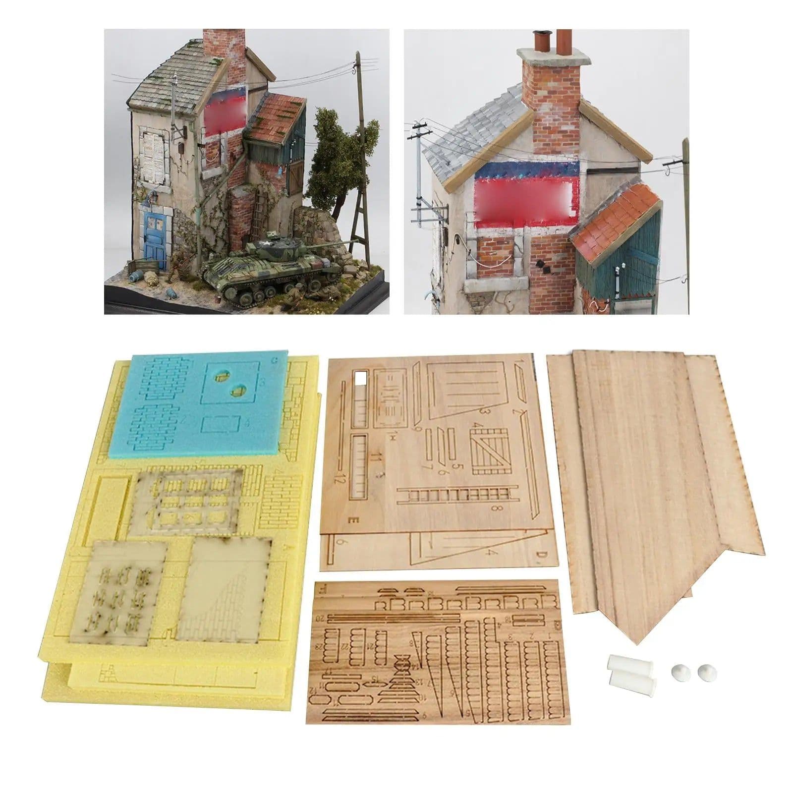 image-Unpainted 1/35 Building Model Kits Ruins House Handmade Miniature Wooden Diorama Scene for Micro Landscape Architecture Model