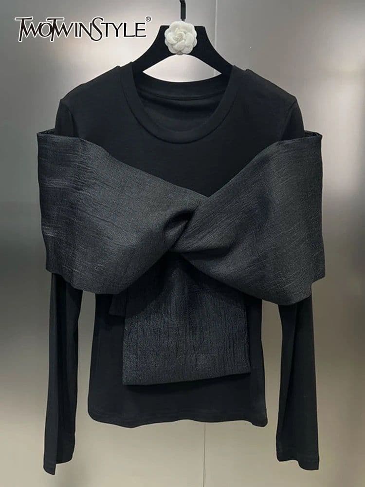 image-TWOTWINSTYLE Solid Spliced Bowknot T Shirt For Women O Neck Long Sleeve Patchwork Mesh Casual Temperament T Shirts Female Style