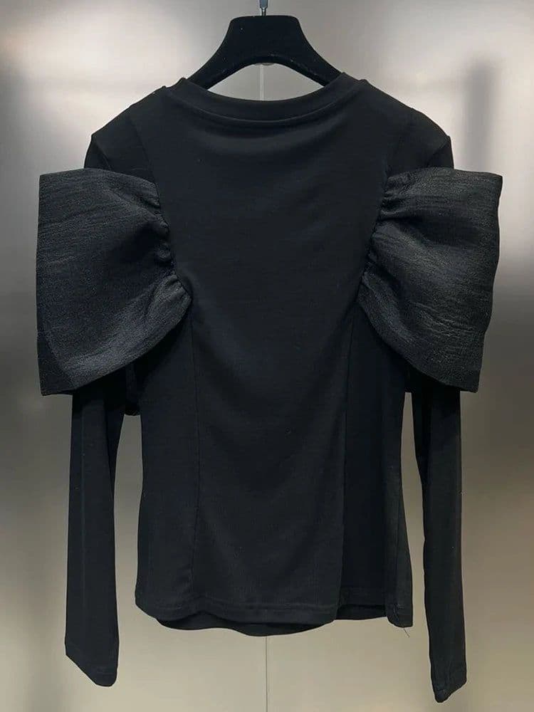 image-TWOTWINSTYLE Solid Spliced Bowknot T Shirt For Women O Neck Long Sleeve Patchwork Mesh Casual Temperament T Shirts Female Style