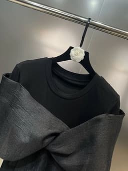 image-TWOTWINSTYLE Solid Spliced Bowknot T Shirt For Women O Neck Long Sleeve Patchwork Mesh Casual Temperament T Shirts Female Style