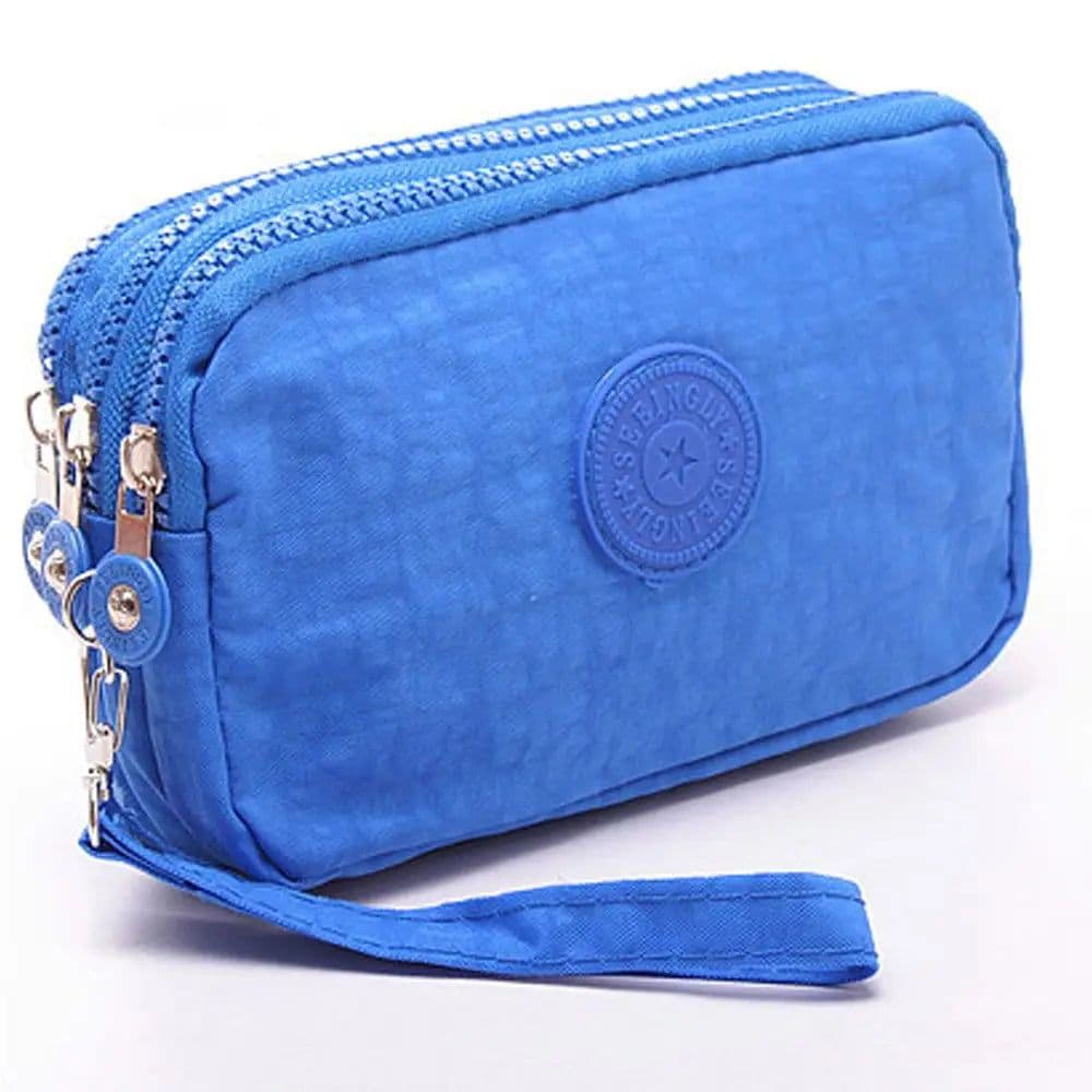 image-Coin Purse Solid Color Wrinkle Clutch Bags Three Zippers Fabric Phone Purse Portable Women Storage Pouch
