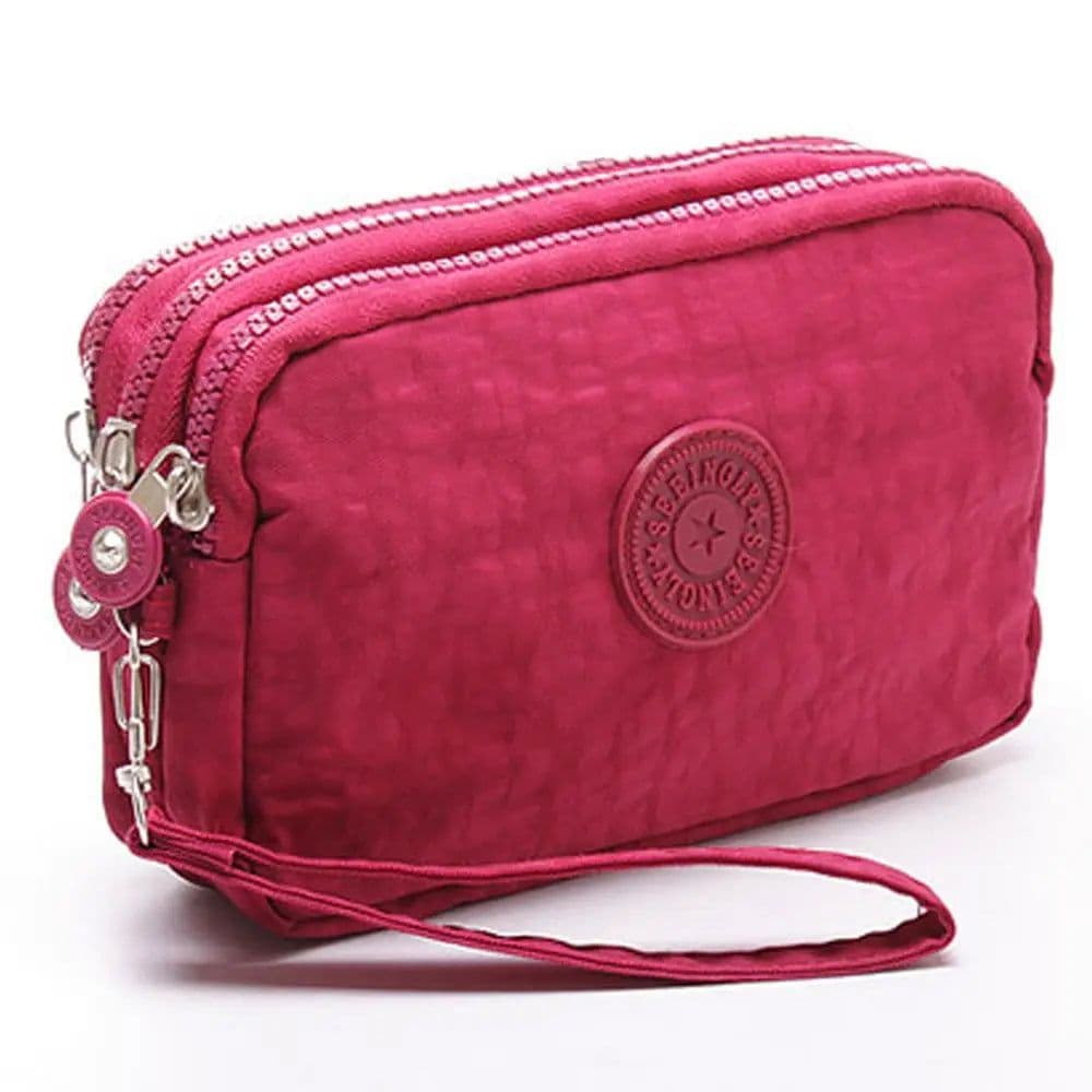 image-Coin Purse Solid Color Wrinkle Clutch Bags Three Zippers Fabric Phone Purse Portable Women Storage Pouch