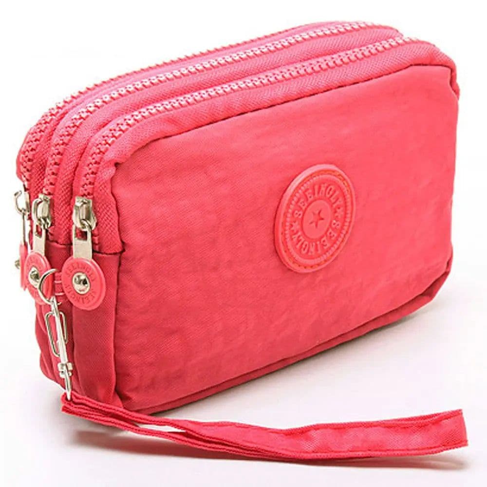 image-Coin Purse Solid Color Wrinkle Clutch Bags Three Zippers Fabric Phone Purse Portable Women Storage Pouch