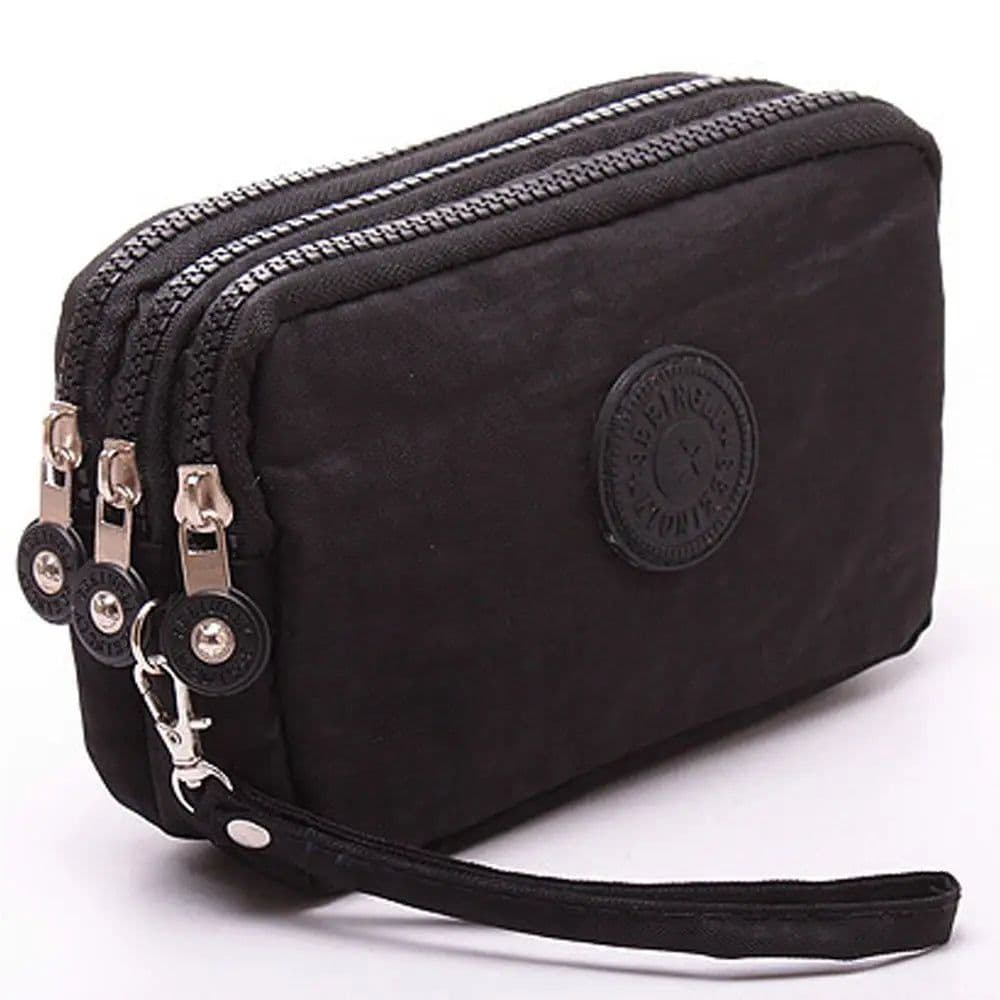 image-Coin Purse Solid Color Wrinkle Clutch Bags Three Zippers Fabric Phone Purse Portable Women Storage Pouch