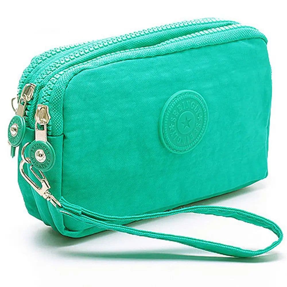 image-Coin Purse Solid Color Wrinkle Clutch Bags Three Zippers Fabric Phone Purse Portable Women Storage Pouch