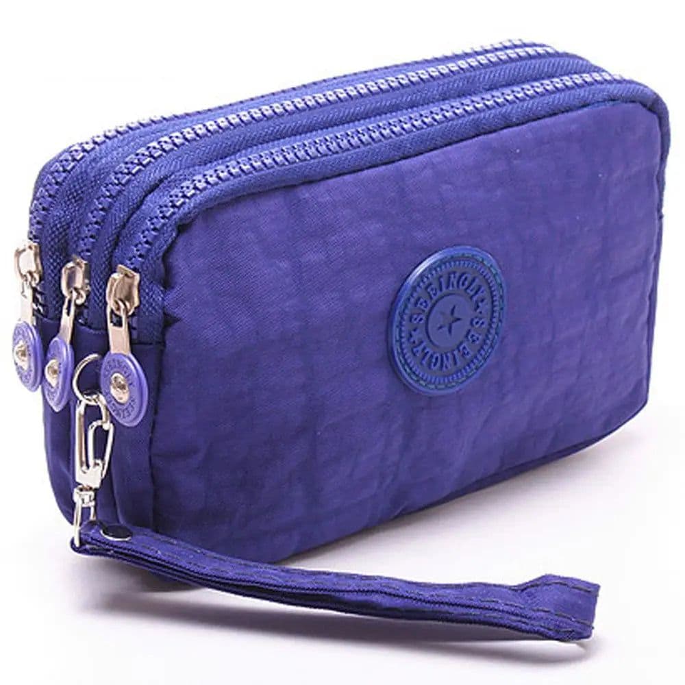 image-Coin Purse Solid Color Wrinkle Clutch Bags Three Zippers Fabric Phone Purse Portable Women Storage Pouch