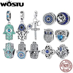image-WOSTU 925 Sterling Silver Evil Eyes Charms Fatima Hand Hamsa Pendants For Women Vintage Heart Beads Fit DIY Bracelets Necklace